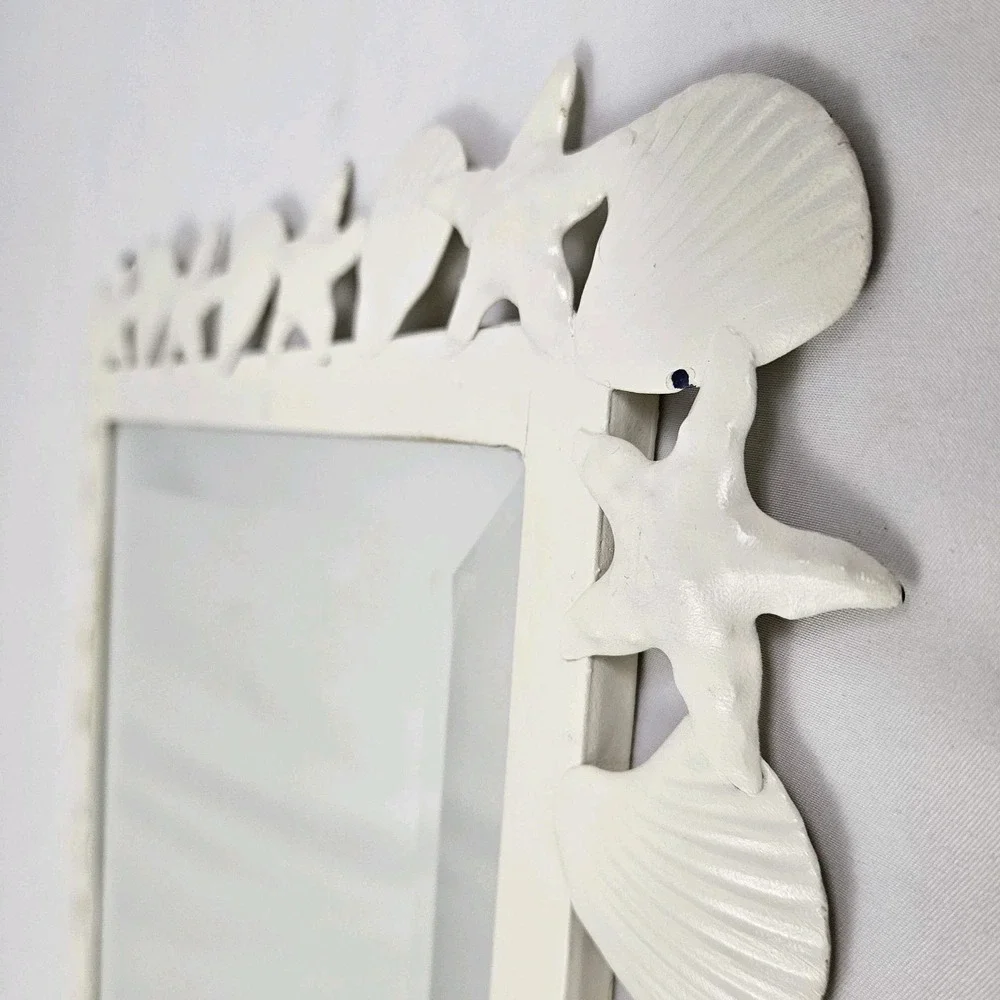Vintage Seashell Beveled Mirror Starfish Metal Frame Palm Beach Nautical Coastal